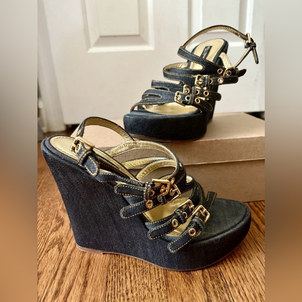 Dolce & Gabbana Women's Denim Strappy Gold  Buckle Wedges 38